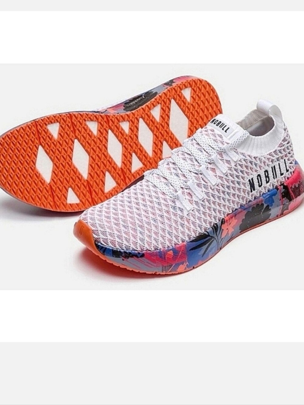NOBULL Women’s White Knit Sneakers with Orange Floral Midsole